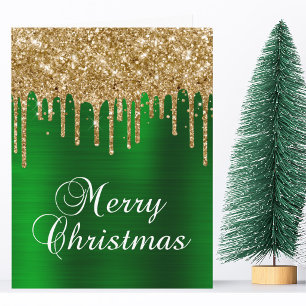 Cartão Pingo de Brilho Dourado Folha Verde Feliz Natal