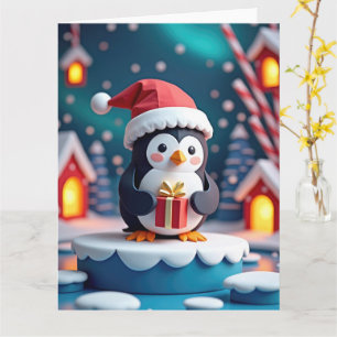 Cartão Pinguim Alegre com Presente no Natal Nevado
