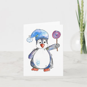 Cartão Pinguim Caprichoso Fofo com uma Pirulito