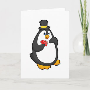 Cartão Pinguim com chapéu no pôquer com cartas de pôquer
