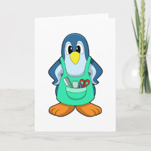 Cartão Pinguim como Cabeleireiro com Tesoura e Navalha