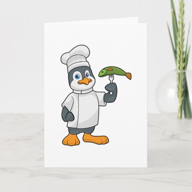 Cartão Pinguim como Cozinheiro com Peixe & Avental de Coz (Frente)