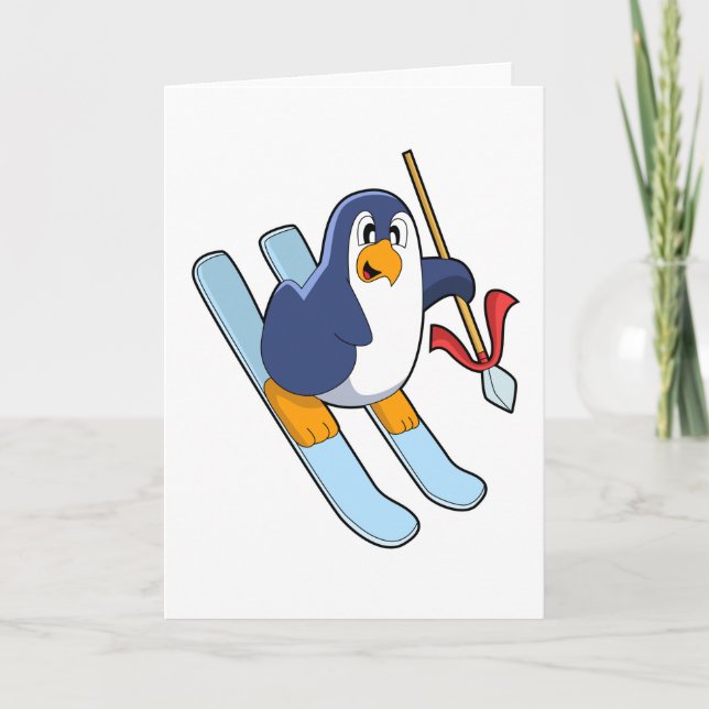 Cartão Pinguim como Esquiador com Esqui (Frente)