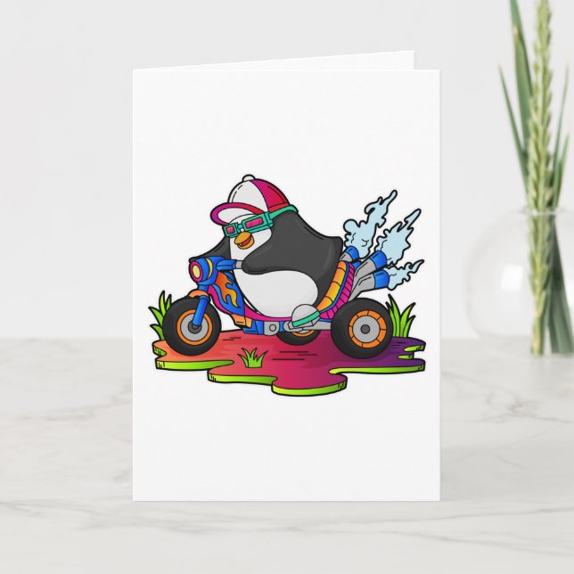 Cartão Pinguim como Motociclista com Motocicleta (Frente)