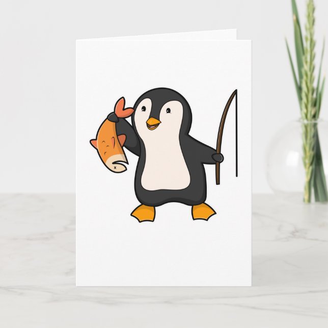 Cartão Pinguim como Pescador com Peixe (Frente)
