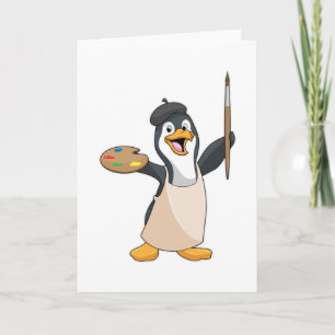 Cartão Pinguim como Pincel com Pincel de Tinta e Cor