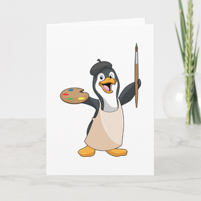 Cartão Pinguim como Pintor com Pincel de Pintura e Cor (Frente)