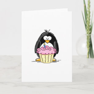 Cartão Pinguim de aniversário com Cupcake