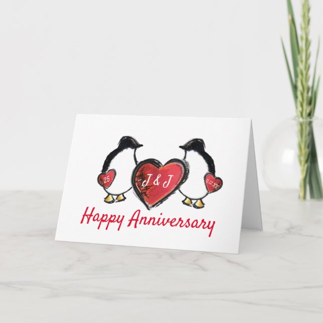 Cartão pinguim de aniversário de casamento de 25 ruby (Frente)