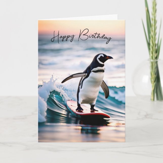 Cartão Pinguim de aniversário num surfboard (Frente)