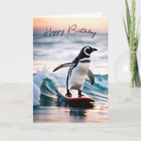 Pinguim de aniversário num surfboard