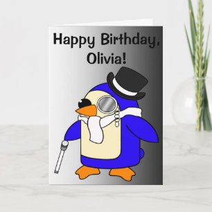 Cartão Pinguim de aniversário preto e branco personalizáv