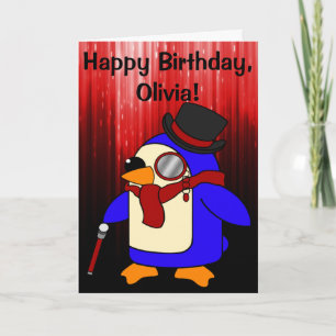 Cartão Pinguim de aniversário preto e vermelho personaliz