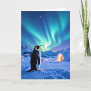 Cartão Pinguim de Aniversário Sob Luzes do Norte