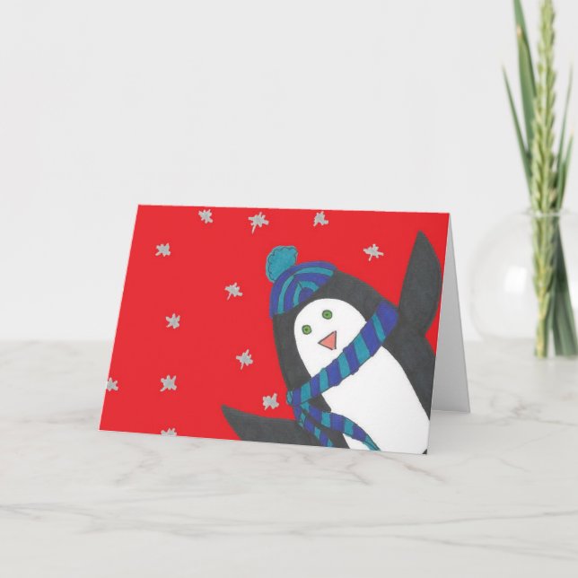 Cartão Pinguim de Natal bonito em vermelho (Frente)