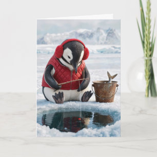 Cartão Pinguim de Natal Pescando no Gelo em uma Geleira Á