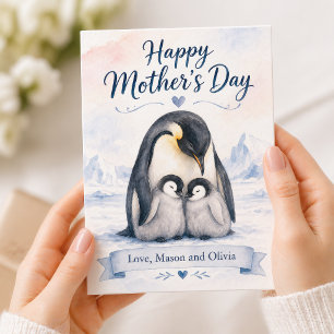 Cartão Pinguim do Dia das Mães em Aquarela Azul com Dois 