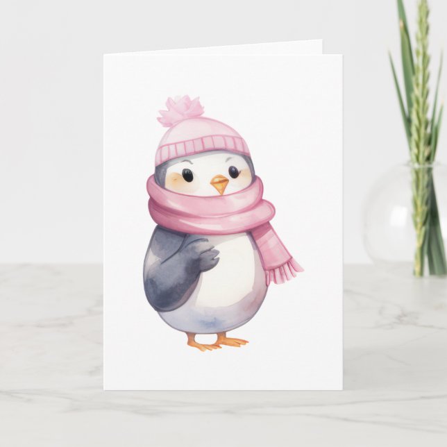 Cartão Pinguim em Aquarela com Cachecol Rosa (Frente)