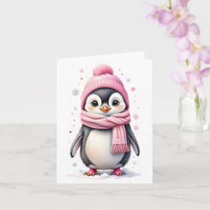 Cartão Pinguim Fofo de Chapéu Rosa e Cachecol Natal Branc