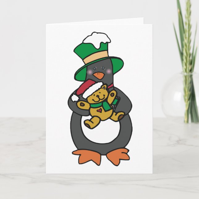 Cartão Pinguim Irlandês Segurando Urso de Natal (Frente)