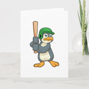 Cartão Pinguim no Baseball com bastão de baseball e capac