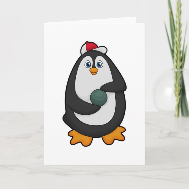 Cartão Pinguim no boliche com bola de boliche (Frente)