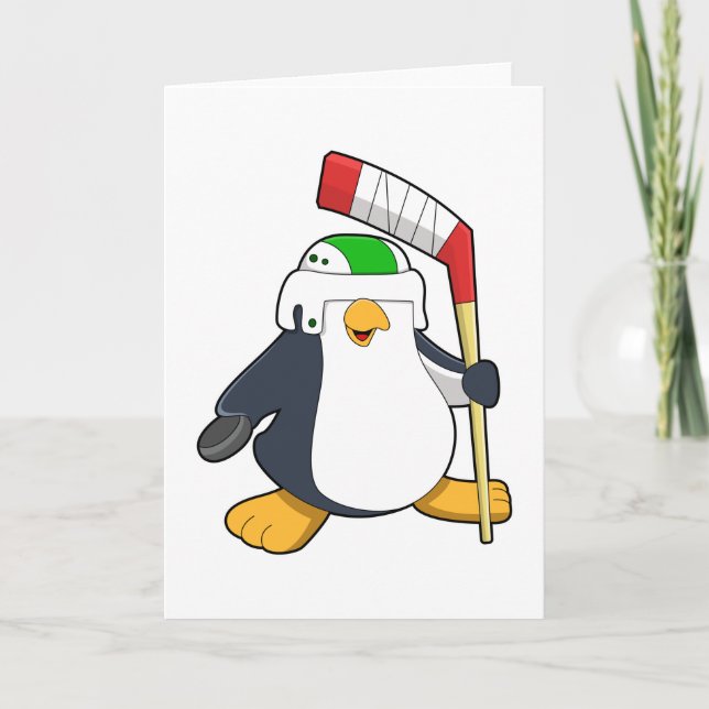 Cartão Pinguim no hóquei no gelo com bastão de hóquei no  (Frente)