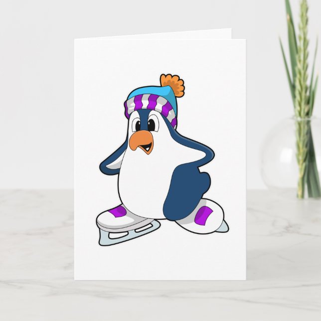 Cartão Pinguim no patins no gelo com patins de gelo (Frente)