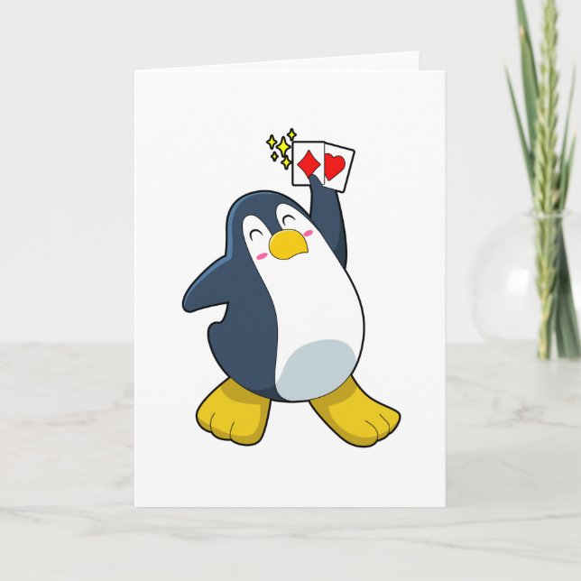 Cartão Pinguim no pôquer com cartas de pôquer (Frente)