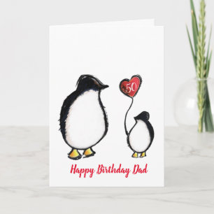 Cartão Pinguim-pai 50º ou qualquer idade de aniversário