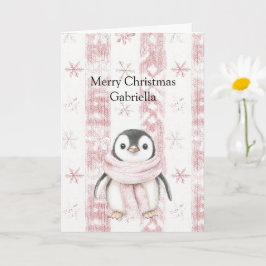 Cartão Pinguim Rosa Flocos de Neve Natal