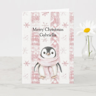 Cartão Pinguim Rosa Flocos de Neve Natal