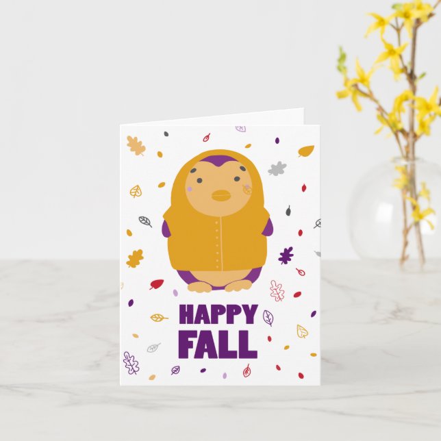 Cartão Pinguim Roxo Feliz Outono (Flor Amarela)