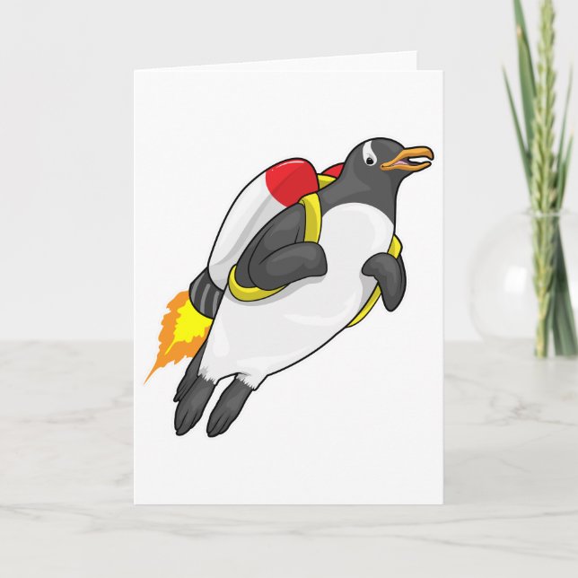 Cartão Pinguim Voando com Jetpack (Frente)