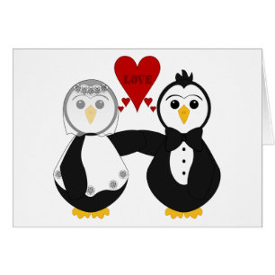 Cartão Pinguins casados pensando amor
