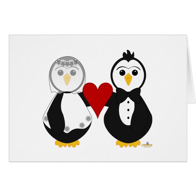Cartão Pinguins Casando Segurando Um Coração (Frente Horizontal)