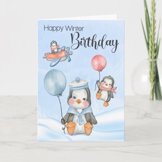 Cartão Pinguins de bebê giro para o aniversário de invern (Frente)