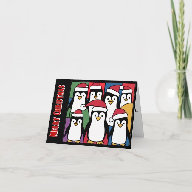 Cartão Pinguins engraçados na Abstrato de Natal do Santa  (Frente)
