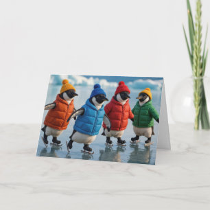 Cartão Pinguins Fazendo Patinação No Gelo Em Um Lago Árti