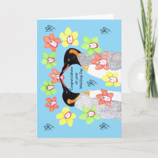 Cartão Pinguins Florais Amorosos no seu Dia de Casamento