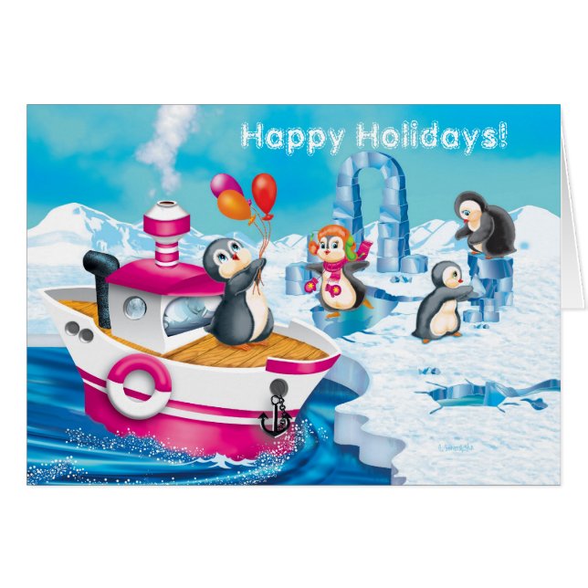 Cartão pinguins na Antártica (Frente Horizontal)