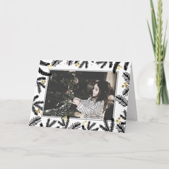 Cartão Pinheiro preto e Dourado moderno e foto de feriado (Frente)