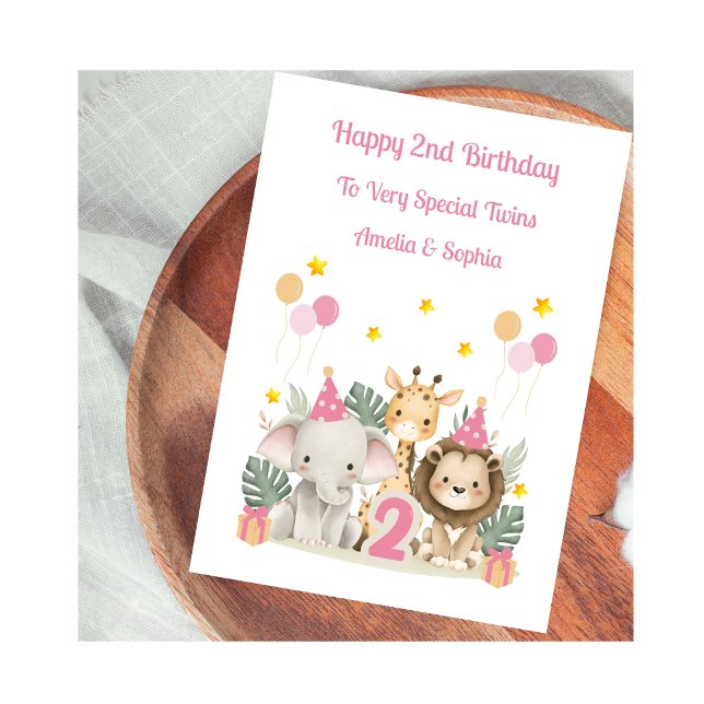 Cartão Pink 2nd Birthday Safari Animals Birthday Card (Criador carregado)