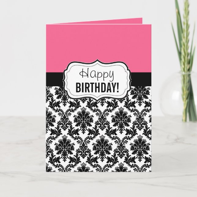 Cartão Pink and Black Damask, Birthday (Frente)