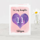 Cartão Pink and Purple Watercolor 11th Birthday Daughter<br><div class="desc">A personalized pink and purple 11th birthday daughter card that features a watercolor heart against a pink watercolor. You can personalize the watercolor heart with the age you need and add her name underneath the heart. The inside card message reads a birthday message, which can also be personalized if wanted....</div>