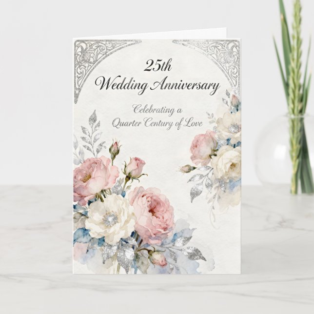 Cartão Pink and White Flowers 25th Wedding Anniversary (Frente)