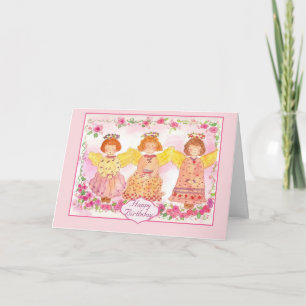 Cartão Pink Angel Watercolor Rosa Flores Feliz Aniversári