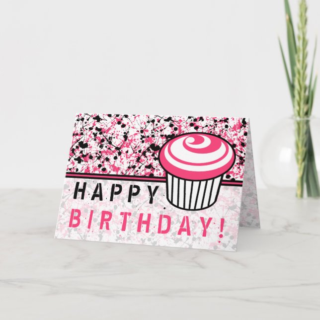 Cartão Pink & Black Paint Splatter Birthday Card (Frente)