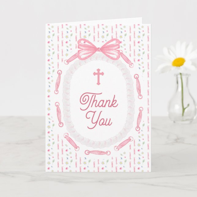 Cartão Pink Bow Ribbon Frame Floral Religious Thank You (Planta pequena)