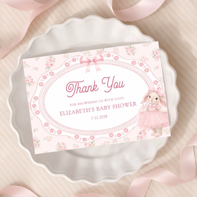 Cartão Pink Bunny Preppy Baby Shower Thank You  Card (Criador carregado)